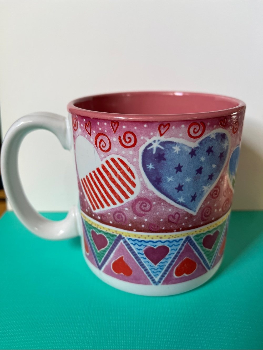 Vintage New Looks Pink Heart Pattern 12 oz Ceramic Mug
